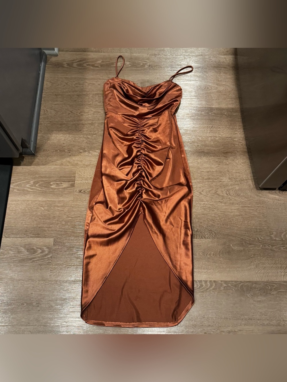 Windsor Copper Satin Cowl Ruched Midi Dress